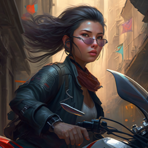 A handsome Chinese girl on a motorbike zoomed through tall buildings
