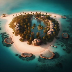 A resort island with beaches, luxury villas, swimming pools