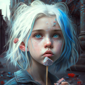 silver-haired girl, blue pupils, lollipop, ruins.