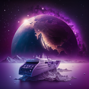half of the earth in digital style, above it with a yacht and a building. 4k, purple galaxy background, cinematic, a payment card on top