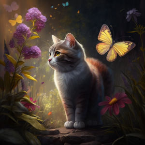 fantasy cat standing in flower garden looking at butterfly, hd