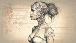 diagrammatic drawing of a cyborg woman –ar 16:9