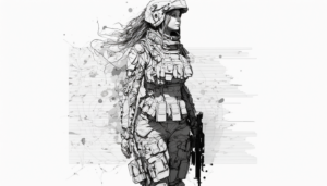 one line drawing women soldier armor, full body –ar 16:9