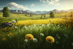 landscape , Beautiful summer meadow field with fresh grass and yellow dandelion flowers in nature , 8k, –ar 3:2