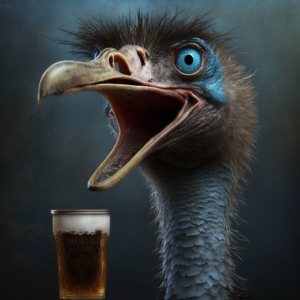 bird with teeth living in Philadelphia drinking a beer with friends and one of them is an ostrich having fun