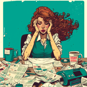 Overwhelmed attractive woman at clean desk with papers, coffee and stickers::0.1 –v 4