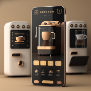 modern, elegant, premium, clean, Eye-Catching, Mobile App mockups that remotely control the coffee machine
