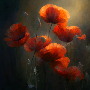 poppies painting, soft light, volume