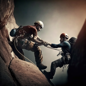 Climber man receives help from your partner, cinematic style, photography, canon eos 6d, 24 MM sigma lens, realistic, 8k