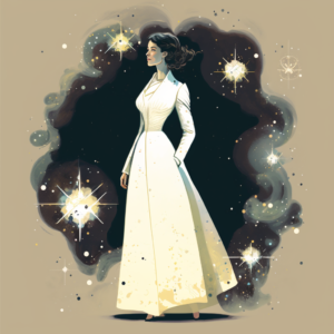 Create a full-body image of a female neuroscientist who embodies beauty, intelligence, elegance, and adorability. She is wearing a white long dress and is surrounded by a myriad of stars in the background.