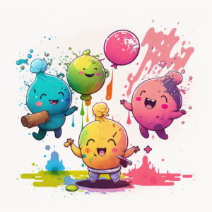 cute video game characters playing holi with colours and water ballon and dancing
