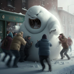 10 snowmen attacking people.