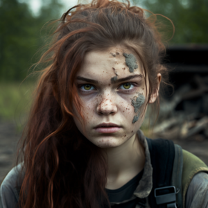 teenage girl movie character, woman around 17 to 18 years old, realistic picture, person walking down an abandoned road, post apocalyptic city, zombie apocalypse, apocalypse movie, long oval shaped face, soft facial features, close set gray eyes, strong nose bridge, thick eyebrows, tired eyes set close together, loose auburn hair falling to her shoulders, hair with a middle part, hair parted in the middle, fringe bangs cover her forehead, shaggy hair, pale pink toned skin, ragged clothing, thick fall flannel, abandoned streets, zombie attack, hyper realistic, photo realism, sharpen details, realistic texture, extreme attention to detail, movie scene, still from a television series