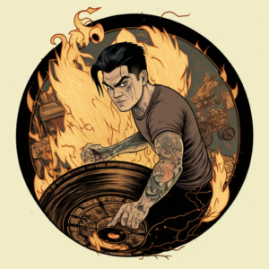 a normal guy with black hair and tattoos with eyes on fire in a ny cartoon family friendly style spining a wheel of names that is on fire