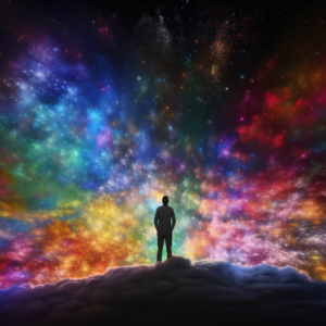 man standing viewing colorful heavenly bodies 8k –v 5