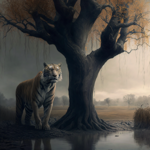 realistic picture, gloomy tones, a tall poplar tree, because of which a huge tiger appears