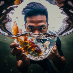 indonesian guy catching a goldfish to eat, Ultra-Wide Angle, Depth of Field, hyper-detailed, beautifully color-coded, insane details, intricate details, beautifully color graded, Unreal Engine, Cinematic, Color Grading, Editorial Photography, Photography, Photoshoot, Depth of Field, DOF, Tilt Blur, White Balance, 32k, Super-Resolution, Megapixel, ProPhoto RGB, VR, Halfrear Lighting, Backlight, Natural Lighting, Incandescent, Optical Fiber, Moody Lighting, Cinematic Lighting, Studio Lighting, Soft Lighting, Volumetric, Contre-Jour, Beautiful Lighting, Accent Lighting, Global Illumination, Screen Space Global Illumination, Ray Tracing Global Illumination, Optics, Scattering, Glowing, Shadows, Rough, Shimmering, Ray Tracing Reflections, Lumen Reflections, Screen Space Reflections, Diffraction Grading, Chromatic Aberration, GB Displacement, Scan Lines, Ray Traced, Ray Tracing Ambient Occlusion, Anti-Aliasing, FKAA, TXAA, RTX, SSAO, Shaders, OpenGL-Shaders, GLSL-Shaders, Post Processing, Post-Production, Cel Shading, Tone Mapping, CGI, VFX, SFX, insanely detailed and intricate, hypermaximalist, elegant, hyper realistic, super detailed, dynamic pose, photography, 8k,–v 4 ar 3:2