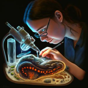 scientist woman work with acoel flatworm Symsagittifera roscoffensis