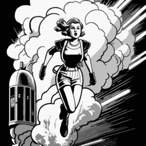 isolated black and white daniel clowes style illustration of a woman with a jetpack