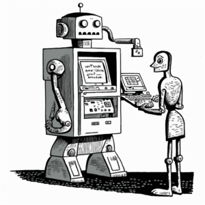 isolated black and white daniel clowes style illustration of a machine that provides artificial intelligence