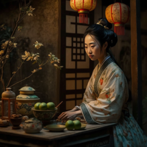 The girl’s features are exquisitely detailed.It’s the night in the Song Dynasty of China. This is a classical small courtyard. In the courtyard stands a beautiful Chinese woman wearing Hanfu, making pastries on a wooden table using lanterns as lighting. The courtyard is filled with many flowers and fireflies. The woman’s hair is styled in an ancient Chinese hairstyle, and there is a well in the courtyard. The entire scene is very beautiful and tranquil. 4k