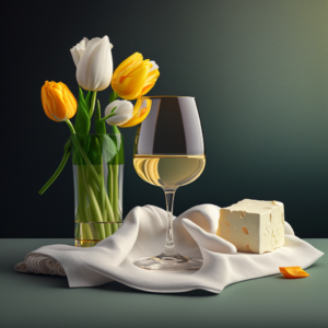 white tablecloth, glass of white wine, cheese slices, tulips, realistic, 4k, retro
