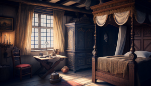 17th century soldier’s bedroom, –ar 16:9