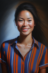 beautiful Thai woman, hyper realism photo, portrait, oil painting, blue and orange vertical stripes shirt,smiling –v 4 –ar 2:3