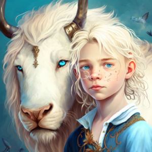 illustration for children’children’s book, fantasy, a white 16 years old boy, blonde long hair, blue eyes, Pixar style, Disney style, whole body, with animals