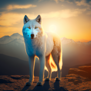 A wolf with a white coat, standing in front of a mountain range with the sun setting behind it. The wolf’s eyes are a piercing blue, and its fur appears to be illuminated by the setting sun, creating a beautiful golden glow