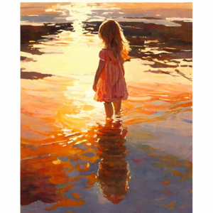 In summer, when the sun sets, the figure of the child and the surrounding scenery form beautiful reflections in the water. Use warm colors (such as orange, yellow, red) to express the warmth of the sunset and enhance the visual effect of the picture. The picture can present a quiet atmosphere, such as the waves on the water surface, the stillness of the girl, and the slow setting of the sunset. Use natural elements (such as trees, rocks, flowers, etc.) to express the natural landscape by the stream, increas