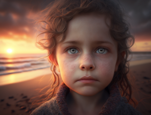 The sun sinks into the sea level, the little girl is at the seaside, detailed face, real photography 8k –ar 4:3