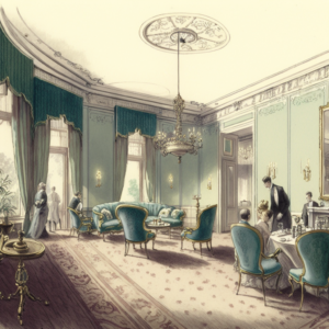 a drawing room suitable for a romantic liasion with a lady taking afternoon tea with a pole dancer in the center