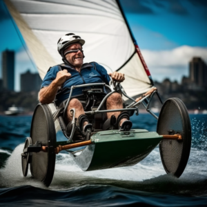 a wheelchair racing an 18 foot sailing skiff in sydney harbour