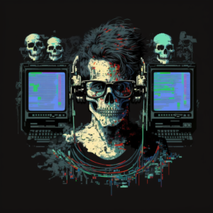 A skull , as hacker, with multiple monitors, wearing headphones and glasses, Transparent, 8 bit
