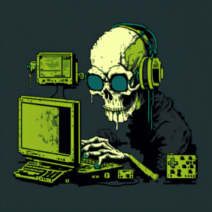 A skull , as hacker, with multiple monitors, wearing headphones and glasses 8 bit