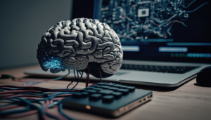 AI brain connected to a computer on the internet with focus to both ai brain and the computer, neural network, 8k resolution, photorealistic –ar 16:9