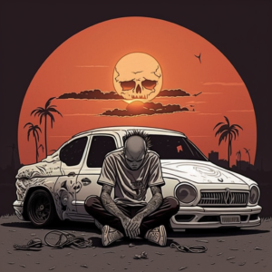 ultra realistic cartoon style cover of sad guy sitting on the sun with mercedes benz next to him with skulls sitting on the ground