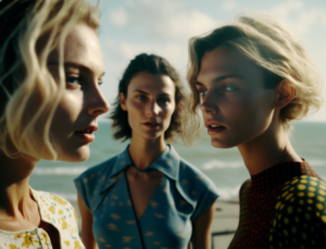 3 models standing together talking to each other super detailed face whole body drop of sea windy and cloudy vogue 1970, Real backlighting,.shadow, Real photography, Fujifilm Superia, full HD, 8k, taken on a Canon EOS R5, F1.2 ISO 100, 35MM –ar 4:3
