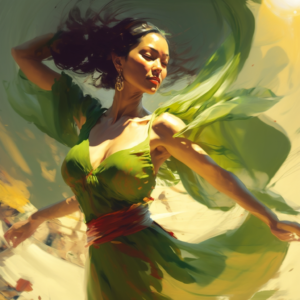 woman, age 28, silk, high resolution, 4K,asian,sun,green,full body,dancing