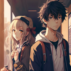 cool anime boy with cute girl in college